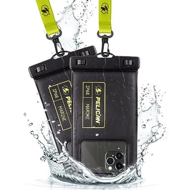 Pelican 2 Pack Marine - IP68 Waterproof Phone Pouch (Regular Size) Floating Waterproof Phone Case - Beach Cruise Ship Travel Essentials - Works w/All Phones - Detachable Lanyard - Black/Hi-Vis Yellow