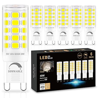 Sailstar 6 Pack G9 LED Bulb Dimmable 6000K Daylight, T4 4W G9 Replacement for 40 Watts Halogen, 400 Lumen, Ceramic Bi-Pin Base, 360°Beam Angle, 120V G9 Light Bulbs for Chandelier