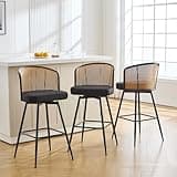 Bekrvio Swivel Counter Height Bar Stools Set of 3, 26" Mid-Century Modern Faux Leather Barstools with Rattan Back Metal Legs, Upholstered Counter Stools for Kitchen Island, Black