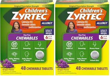 Zyrtec Children's Dye-Free Chewables for 24 Hour Allergy Relief, 10 mg Cetirizine Hydrochloride Antihistamine Tablets, Kids Allergy Medicine Relieves Sneezing & Itchy Throat, Grape, 48 ct(Pack of 2)