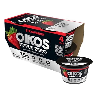 Oikos Triple Zero Strawberry Nonfat Greek Yogurt Pack, 0% Fat, Sugar Free and 0 Artificial Sweeteners, Just Delicious High Protein Yogurt, 4 Ct, 5.3 OZ Cups