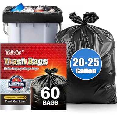 Teivio Black Trash Bags 20-25 Gallon 60 Count | Large Multipurpose | Fit 18,20,21,23,25 gallon Garbage Bin Liner | Kitchen | Lawn And Leaf Bags Outdoor Yard Waste Bag | Workshops Trash