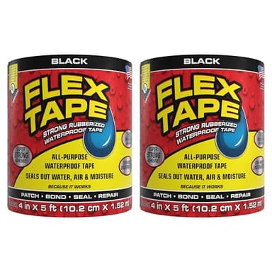 Flex Tape, Original Thick Flexible Rubberized Waterproof Tape - Seal and Patch Leaks, Works Underwater, Indoor Outdoor - Home RV Roof Plumbing and Pool Repairs, Black, 4 in x 5 ft, Pack of 2