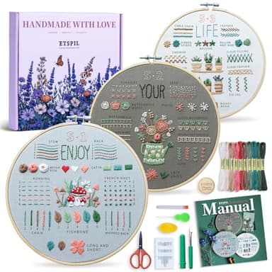 ETSPIL Embroidery Kit for Beginners & Adults, 3-Pack 33-Stitch Practice Samplers, Pre-Stamped Patterns, 7.8 inch Hoop, Floss & Needles, Step-by-Step Guide and Video Tutorials, DIY Needlework Gift