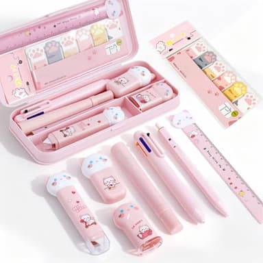 9Pcs Pink Cute Cat Stationery Gifts Set School Supplies Kawaii Japanese Stationery Christmas Birthday GIFS Includes Pencil Sharpener Highlighter Correction Tape Pens Ruler for Office School Supplies