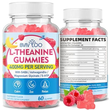 BVIVLOO L-Theanine Gummies with L-Theanine 400 mg, Ashwagandha, GABA, 5-HTP, Magnesium Glycinate for Calm, ZZZ & Relaxation Support - Vegan, Raspberry Flavor, 60 Count