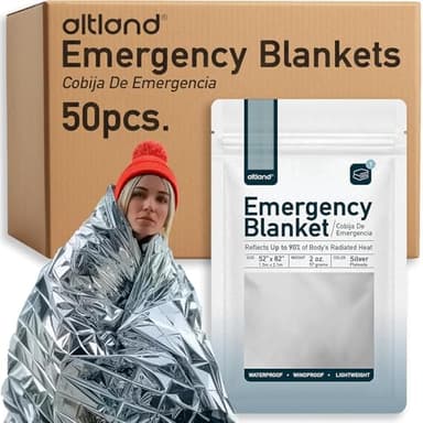 Altland 50 Pack of Emergency Blankets - Bulk Heat Reflective Blankets for Winter Survival Kits, Disaster Preparedness, Cold Weather Camping, and Homeless Care Packages