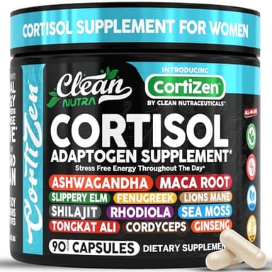Clean Nutra Cortisol Supplements For Women | Maca Root Ashwagandha Cortisol Detox Manager Reducer + Slippery Elm Fenugreek Lions Mane Shilajit Rhodiola Sea Moss Tongkat Ali Cordyceps Ginseng Beet Root
