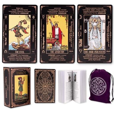 KLEDERY Tarot Cards for Beginners, Classic Tarot Deck with Meanings, Durable Cards with Guide Book, Black