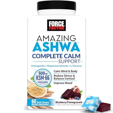 Force Factor Amazing Ashwa Complete Calm Support with KSM-66 Ashwagandha, Like Ashwangandha Gummies to Promote Calm & Relaxation with Magnesium & L-Theanine, Blueberry Pomegranate, 60 Soft Chews