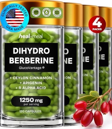 HealMeal Dihydroberberine Supplement - Dehydro Berberine Organic - Super Berberine Supplement with Ceylon Cinnamon & R Alpha Lipoic Acid & Apigenin - Hydroberberine 480 caps (4 Packs)