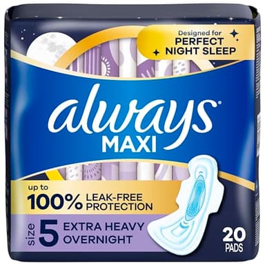 Always Maxi Feminine Pads For Women, Size 5 Extra Heavy Overnight Absorbency, With Wings, Unscented, Pack Of 20