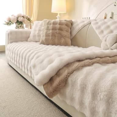 Aucrovee Soft Plush Faux Fur Couch Cover, Thick Warm Fuzzy Sectional Sofa Covers for 3 Cushion Couch Sofa L Sharped Sofa Non Slip Slipcover, Furniture Protector Covers for Pets(1 PCS 36"x82" White)