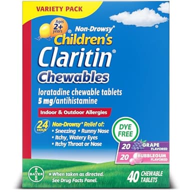 Claritin Children's Allergy Medicine, 24-Hour Non-Drowsy Loratadine 5mg Chewable Tablet, Antihistamine for Kids Ages 2 Years and Older, Grape & Bubble Gum Flavors, 40 Tablets