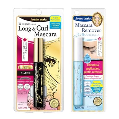 HEROINE MAKE by KISSME Waterproof Mascara Black | Volume and Length by Defining Fiber for Long and Curl Eye Makeup for Women + Gentle Mascara Remover Oil Free, Made in Japan, 2 Set