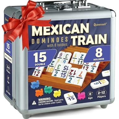Queensell Mexican Train Dominoes Set Double 15 with Numbers - Dominoes Set for Adults and Family – 136 Tiles, 9 Trains, Wooden Hub, 8 Tile Holders, Aluminum Case (D15 Numbers + 8 Holders)