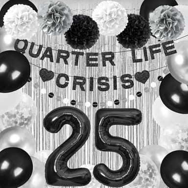 Holkcog 25th Birthday Decoration for Women, Quarter Life Crisis to 25 Years Banner Black 25 Balloons Numbers Give Her Cheering 25th Birthday Gift 25th Birthday Party Supplies