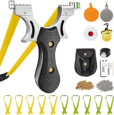 RCZZSUWE Slingshot, Hunting Sling Shot Set for Adults, Professional Stainless Steel Tactical Slingshots, High Velocity Catapult with Ammo Balls, Rubber Bands, Ammo Pouch, Target（Black）
