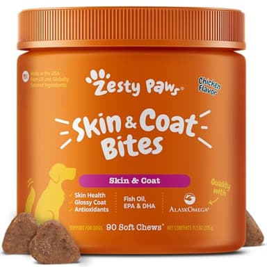 Zesty Paws Omega 3 Alaskan Fish Oil Chew Treats for Dogs - with AlaskOmega for EPA & DHA Fatty Acids - Hip & Joint Support + Skin & Coat Chicken Flavor (90 Soft Chews)