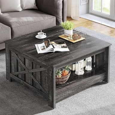 YITAHOME Coffee Tables Farmhouse Coffee Table with Storage Rustic Wood Cocktail Table,Square Coffee Table for Living Meeting Room with Half Open Storage Compartment,Dark Rustic Oak