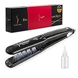 Steam Hair Straightener Flat Iron Professional Ceramic Tourmaline 2-in-1 Straightening Iron, Adjustable 300-450F Salon Heat, 110-220V Dual Voltage, Black