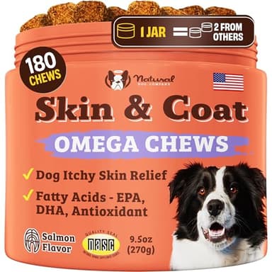Natural Dog Company Skin & Coat Supplement for Dogs – Omega 3 Salmon Oil, Biotin & Vitamin E Support Shiny Coat, Healthy Skin & Normal Shedding, Promotes Comfort from Occasional Itch, 180 Count