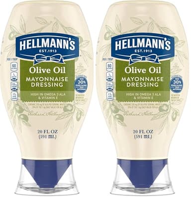 Hellmann's Mayonnaise Dressing with Olive Oil Squeeze Bottle Condiment for Simple Meals and Sandwiches Rich in Omega-3 ALA 20 oz (Pack of 2)