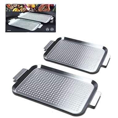 COOK TIME Grill Pan Set of 2, BBQ Grill Topper for Outdoor Grill, Stainless Steel Grilling Baskets with Holes and Handles, Perforated Food Tray Barbecue Accessories for Vegetable, Fish, Meat, Seafood