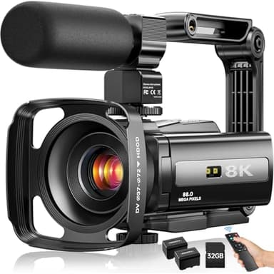 8K Video Camera 88MP UHD WiFi Vlogging Cameras for YouTube 18X Digital Zoom IR Night Vision 3.0'' Touch Screen Camcorder with 32GB Card, Microphone, Lens Hood, Stabilizer, Remote, Two Batteries