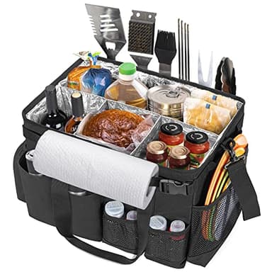 HODRANT Large Grill Utensil Caddy with Paper Towel Holder, Outdoor Picnic Bag Organizer for BBQ Supplies Tool, Tailgating Accessory Basket Camping Gear Must Haves for Cook Essentials, Black, Bag Only