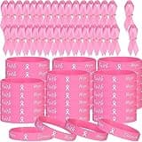 Sratte 400 Pcs Breast Cancer Awareness Lapel Pins and Pink Ribbon Bracelets, 200 Rubber Wristbands, 200 Pink Ribbon Pins, Breast Cancer Awareness Accessories for Women Public Events Decorations Gifts