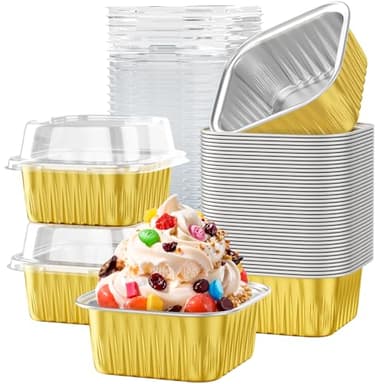 40 Pack 5 OZ Mini Cake Pans with Lids, Disposable Square Aluminum Foil Brownie Baking Cups, Mini Aluminum Foil Cupcake Muffin Tin Ramekins, Flan Molds Cake Containers for Wedding Birthday Party,Gold