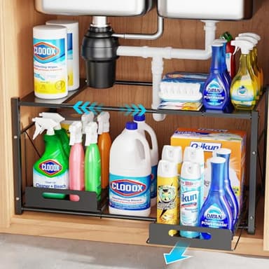 iSPECLE Extendable Under Sink Organizer - 2 Tier Expandable Under Cabinet Organizer Shelf with Height Adjustable Add Extra Space and Easy Access for 22" to 32" Wide Sink Cabinet, Black