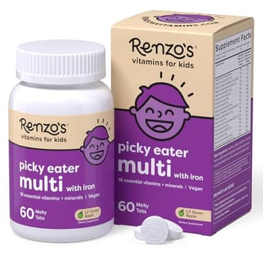 Renzo's Picky Eater Kids Multivitamin with Iron, Dissolving Kids Vitamins with Vitamin D3 and K2 and More, 60 Sugar-Free Melty Tabs, Lil’ Green Apple Flavored