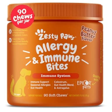 Zesty Paws Dog Allergy Relief Chews, Dog Probiotics for Itchy Skin and Ears, Peanut Butter, 90ct