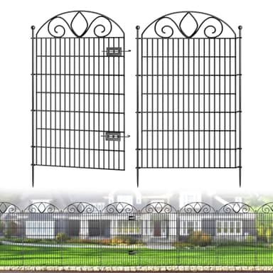 8 Panels No Dig Tall Garden Fence with Gate – 48" H X 21' L Rustproof Metal Dog Fence Outdoor for Yard, Decorative Animal Barrier Fence for Pet, Garden Border, Patio, Flower | Temporary Fencing