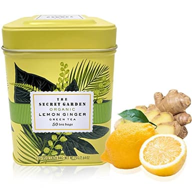 Organic Lemon Ginger Ceylon Green Tea - 50 Packets - Natural Antioxidant Rich Herbal Leaf Teabags - USDA Certified 100% Non-GMO - Caffeinated Premium Designer Tin