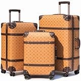 NZBZ Vintage Luggage Sets for Women, 3 Piece Faux Leather Retro Luggage Sets, Retro Lightweight Spinner Suitcases, Vintage Suitcase Set (Orange Brown, 20inch & 24inch & 28inch)