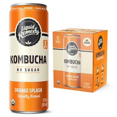 Liquid Remedy Kombucha Sugar Free Organic Drink, Low Calorie, Probiotic Like Tea for Gut Health - Orange Splash - 12 Fl Oz Can, 4-Pack