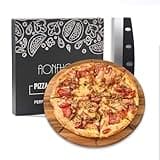 Premium Acacia Pizza Wood Cutting Board with Rocker Pizza Cutter Ideal Pizza Slicer & Serving Board for Perfect Slices Serving Kitchen 13.38"L x 13.38"W Charcuterie Oven Boards