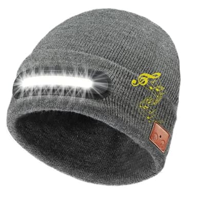 RANCOVY Bluetooth Beanie with Light, Musical Knit Hat with Wireless Headphone, LED Beanie with Bluetooth for Men Women Grey