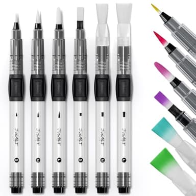 JusArt Water Brush Pens 6-Pack Leak-Proof Refillable Watercolor Pens for Acrylic and Gouache Painting - Includes Pointed & Flat Tip Styles - Portable Water Brushes for Artists, Beginners, Adults