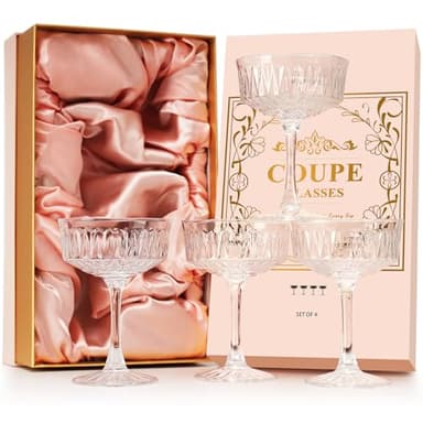 VIMERPA Coupe Glasses, Martini Glasses Set of 4, Vintage Champagne Coupe Glasses, 8oz Large Martini Glass, Crystal Retro Style Cocktail Glass for Elegant Bar Drinks, Vintage Art Deco Glassware