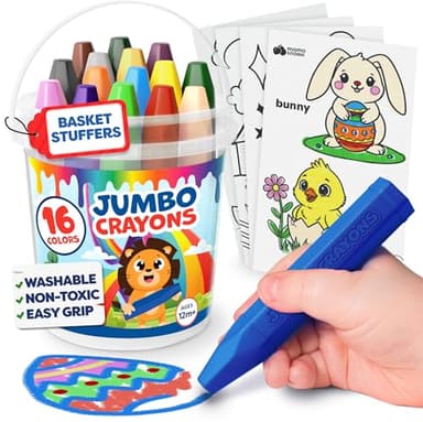Jumbo Crayons For Toddlers 1-3 - 16pc Toddler Crayons For Kids Ages 4-8 1-3 2-4 - Easter Basket Stuffers for Toddler Coloring - With Printed & PDF Sheets - Non Toxic, Washable, Easy to Grip