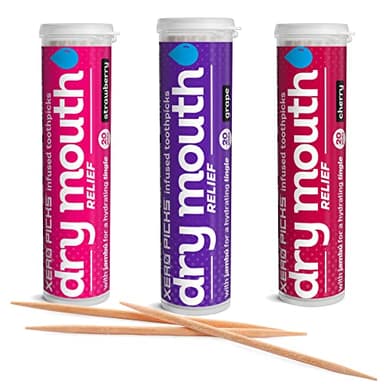 Xero Picks Dry Mouth - Flavor Infused Toothpicks for Long-Lasting Fresh Breath and Dry Mouth Prevention - 60 Picks - 3 Pack - Fruit Variety - Strawberry, Cherry, Grape