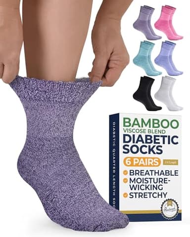 Pembrook Bamboo Viscose Diabetic Socks for Women & Men - 6 Pairs Ankle Socks for Swollen Feet | Neuropathy | Wide Calf | Edema