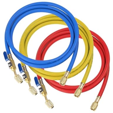 Upgrade 29985 Plus II 1/4" HVAC Hose with Compact Ball Valve,Standard 1/4" Flare Fittings,for R410A and all Common Refrigerants,800 PSI Working Pressure, 60",Red/Yellow/Blue(Pack of 3)