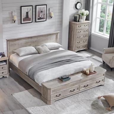 T4TREAM Farmhouse King Bed with Headboard and Storage Bench, Rustic Wood Platform Bed with 80" Storage Chest w/ 4 Large Drawer, Light Rustic Oak
