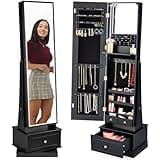 Best Choice Products 360 Swivel Mirrored Jewelry Cabinet, Standing Armoire, Makeup Storage Organizer, w/LED-lit Mirror, 3 Shelves - Black