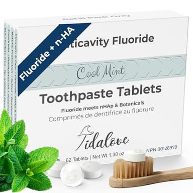 Tidalove Fluoride Toothpaste Tablets with nHAp, Vegan & Plastic-Free, Paper Refill, Cool Mint, 62 Tablets (1 Month)
